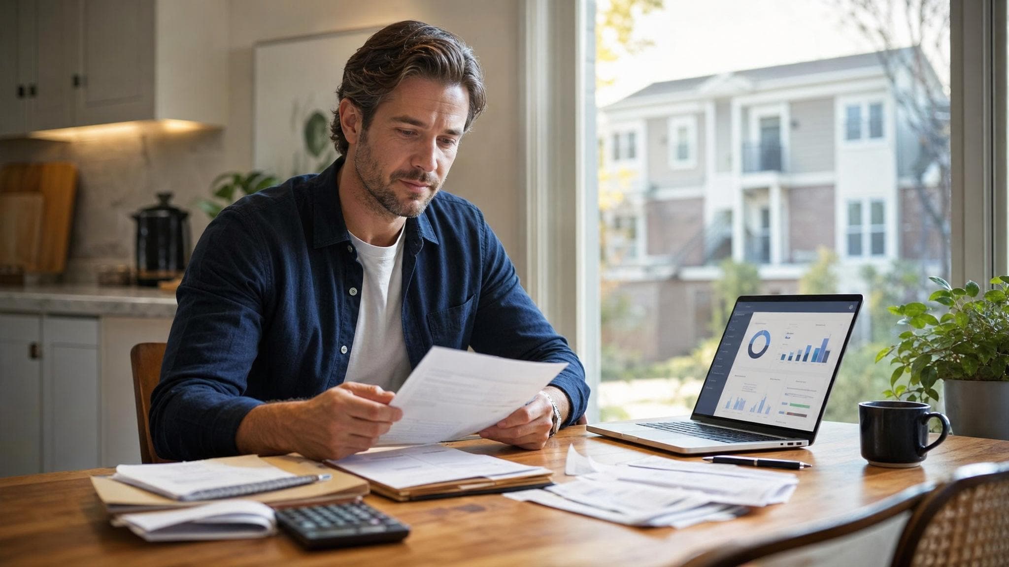 Landlord reviewing rental records and dashboard at a kitchen table